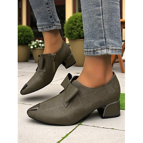 stivaletti da donna con tacco a blocco testurizzato nero – eleganti stivaletti corti con punta a punta e fiocco decorato, abbigliamento casual da lavoro e da ufficio per autunno e inverno