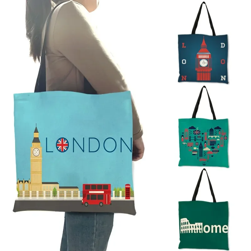 Hochwertige Leinen-Umhängetasche London Big Ben Tower Rom Print Einkaufstasche Mode Damen Damen Casual Beach Einkaufstasche Handtaschen