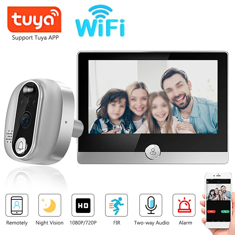 Tuya Video Türklingel WiFi Guckloch Türklingel IP Kamera 1080P/158 ° Mit 4,3-Zoll-LCD-Bildschirm PIR-Türklingel zur Bewegungserkennung für zu Hause Image