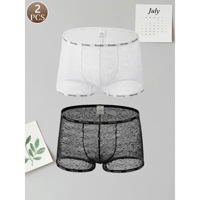 2PCS männer flache unterwäsche mit mesh spleißen sexy männer unterwäsche einfarbig stricken niedrige taille bequeme flache unterwäsche Image