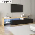 Meuble TV moderne Lazyspace avec éclairage LED, noir brillant, meuble TV élégant et élégant, table TV avec dessus optique en bois