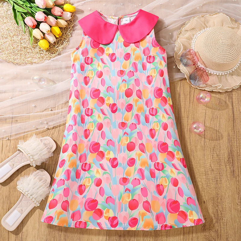 Kinderkleid für Mädchen, rosa Peter-Pan-Kragen, ärmelloses A-Linien-Kleid, 8–12 Jahre, Sommer, lässig, süßer Stil, elegantes Prinzessinnenkleid
