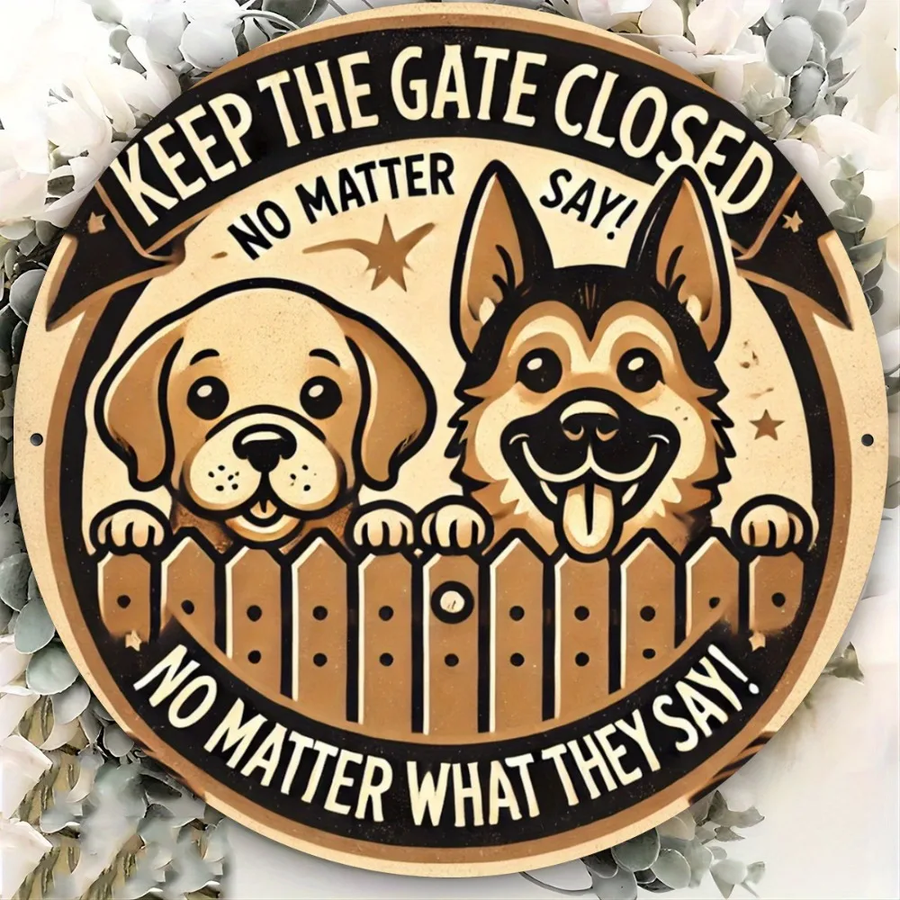 [2D Flat] Metallschild mit zwei kleinen Hunden, flach bedruckte runde Blechwandkunst, 20,3 cm Wanddekoration für Bars, Cafés, Clubs Image