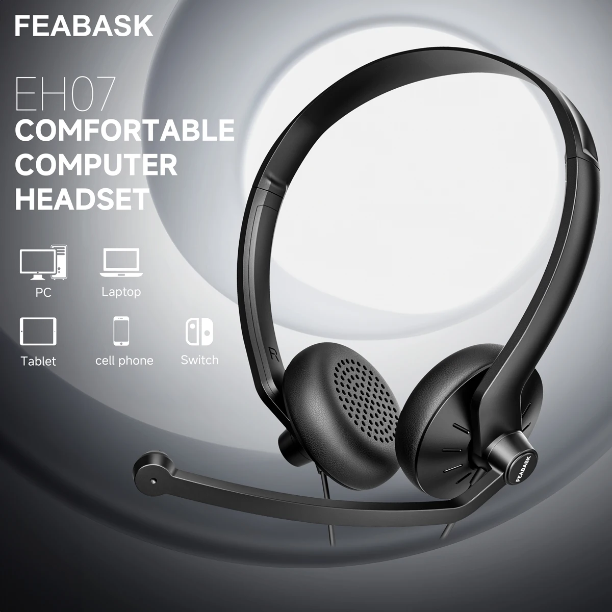 FEABASK USB-Headset mit Mikrofon für PC, Laptop, kabelgebundene Computer-Kopfhörer für Büro, Online-Klasse, Skype, Zoom, Meetings, Stummschaltungssteuerung Image