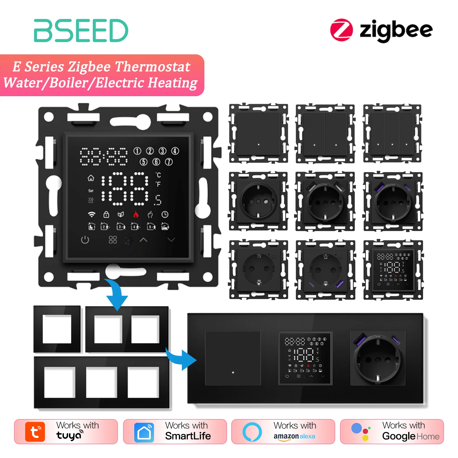 BSEED Zigbee Thermostat Smart Thermostat Controller Floor Heating/Boiler/Water Function Part Glass Frame Tuya Smart Life Control Image