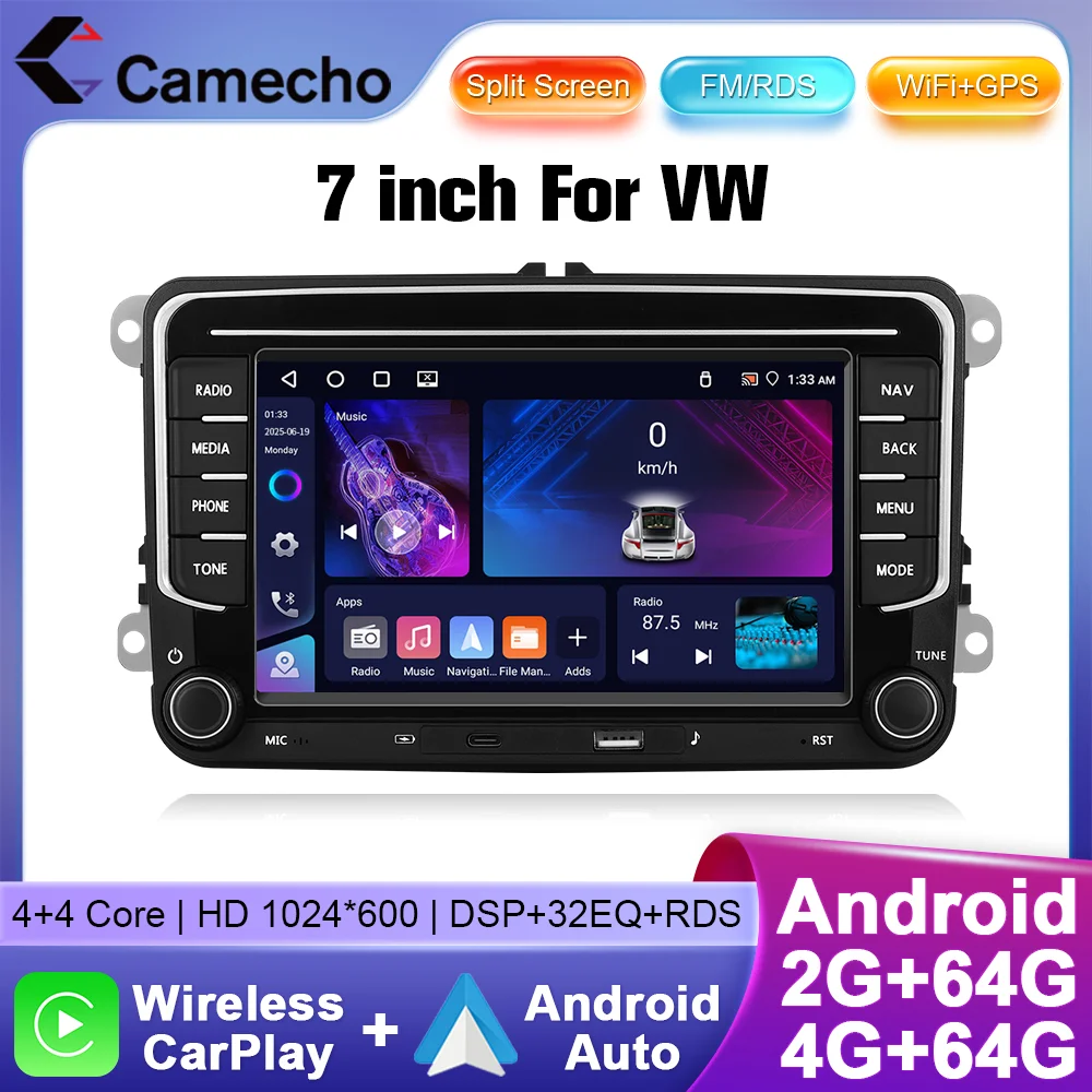 Camecho 7 Zoll Wireless CarPlay Android Auto Auto Radio GPS Multimedia Für Volkswagen VW Passat B6 B7 CC Tiguan Touran GOLF POLO Image
