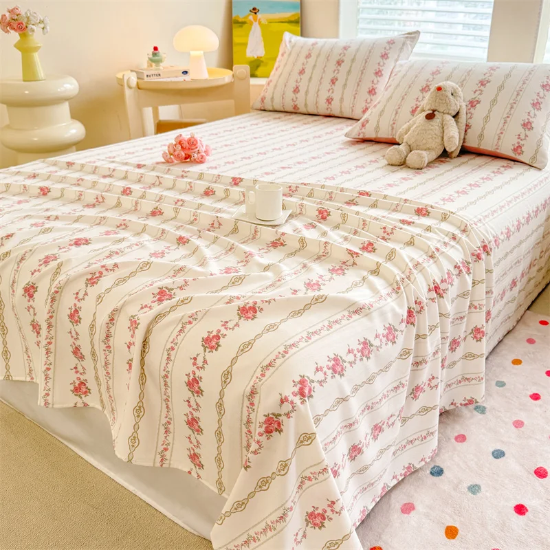 1 Stück flache Bettwäsche aus gewaschener Baumwolle, Einzel-/Queen-/King-Size-Bettbezug für Doppelbett, Blumenmuster, weiche Bettwäsche, oberes Bettlaken-Set Image