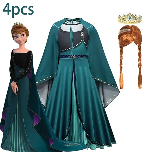 Costume de Cosplay princesse Disney la reine des neiges Elsa Anna pour fille, robe vert foncé avec cape, vêtements de fête de carnaval, d'halloween, d'anniversaire pour enfants