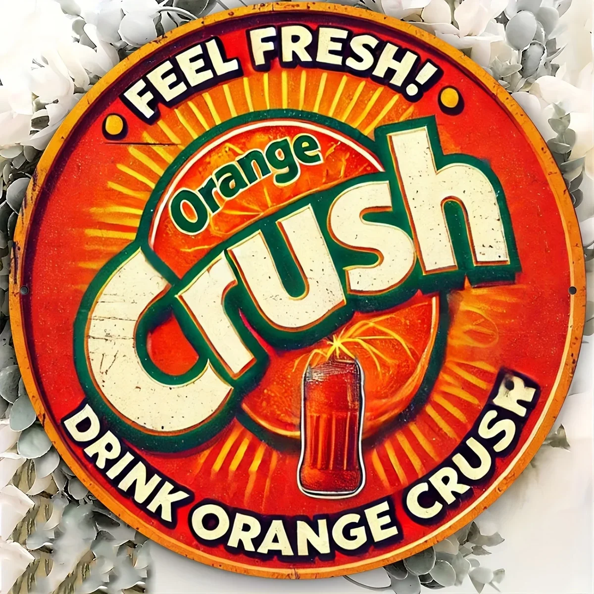 Vintage-Wandschild aus Aluminium – Retro-Orange Crush Soda-Design mit „Feel Fresh!“ Slogan, langlebige Metallkunst für die Küche zu Hause, Bar
