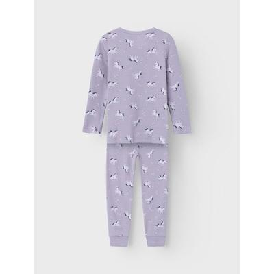 Schlafanzug NAME IT "NMFNIGHTSET LAVENDER UNICORN RIB NOOS", Kinder, Gr. 122/128, lila (lavender aura), Rippware, Obermaterial: 95% Baumwolle, 5% Elasthan, bedruckt, casual, normal, Rundhals, Langarm abgesteppte Kante, Homewear-Sets, mit tollem... Image