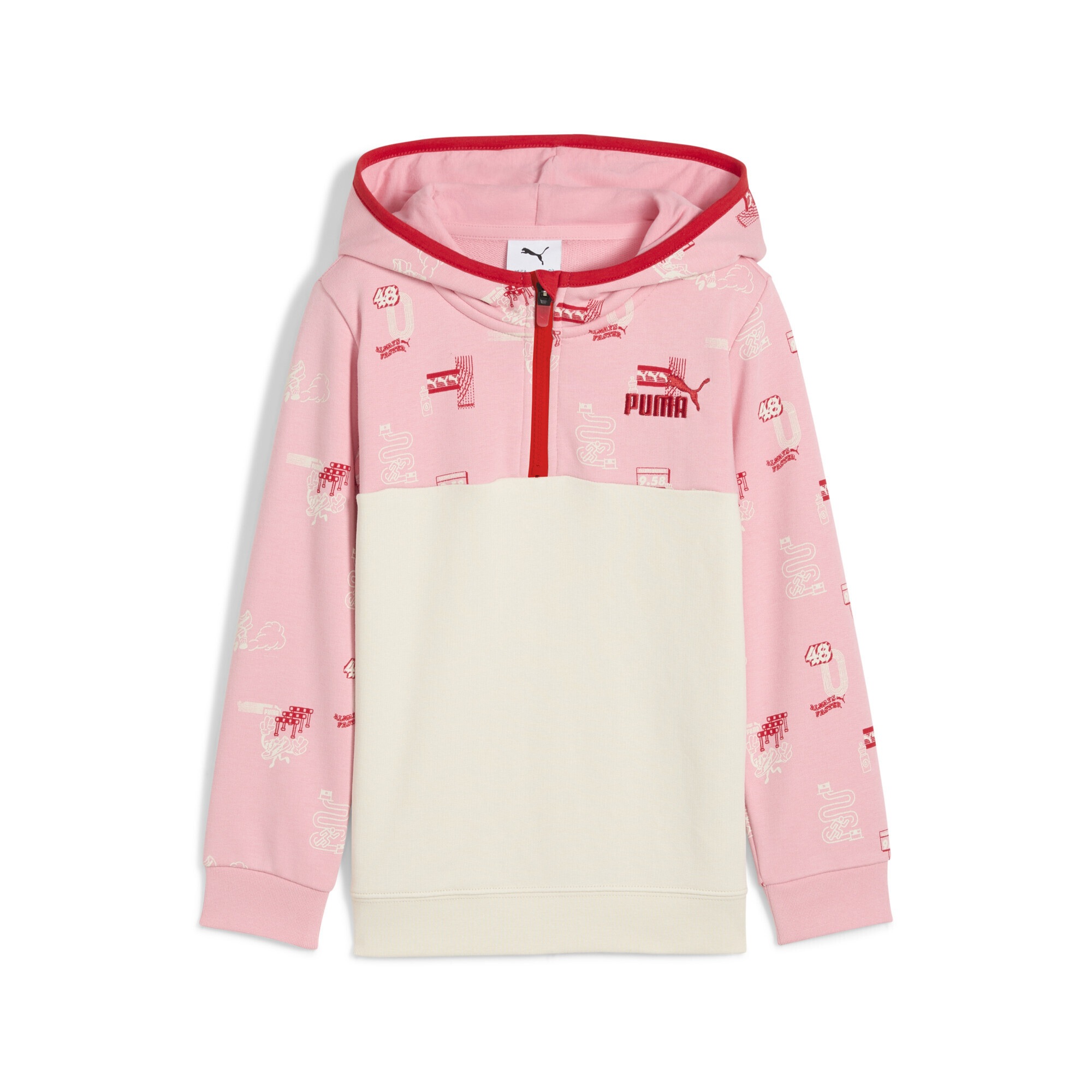 Sweatshirt PUMA "Little Runners Hoodie mit Reißverschluss bis zum Hals Kinder", Mädchen, Gr. 122, weiß (alpine snow weiß), Obermaterial: 68% Baumwolle, 32% Polyester; Rippe: 97% Baumwolle, 3% Elasthan, normal, Sweatshirts Sweatshirt