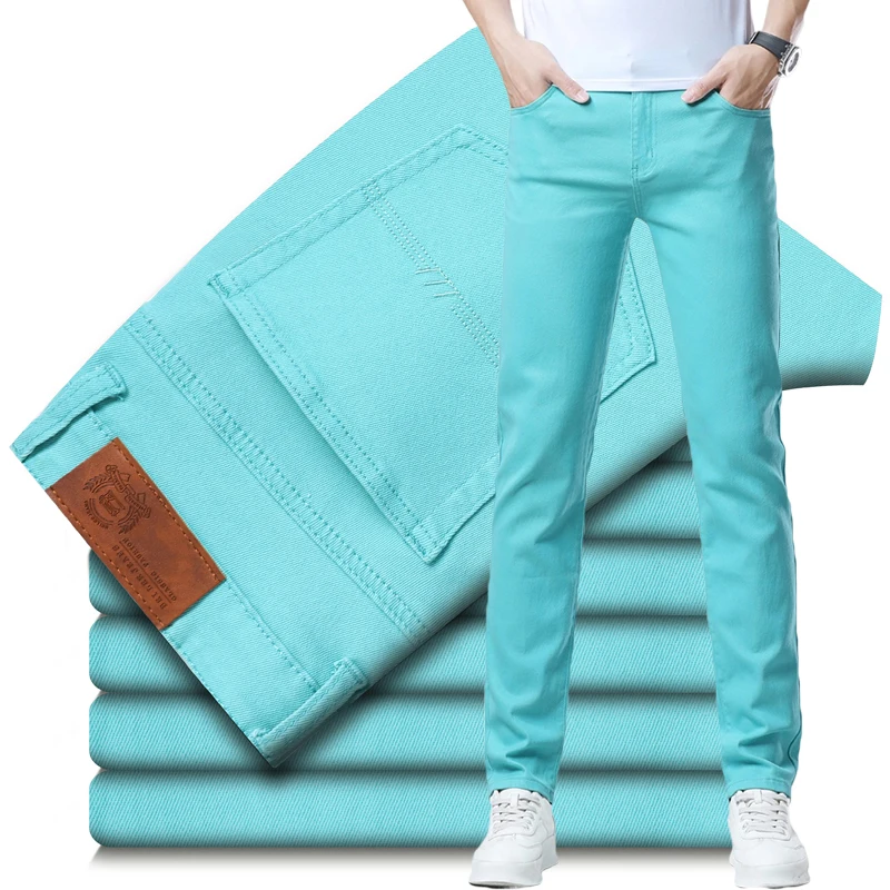 Frühling Neue männer Ausgestattet Gerade Jeans Bequeme Elastische Mode Trendy Mann Casual Denim Hosen Marke Hosen Rot Grün Gelb