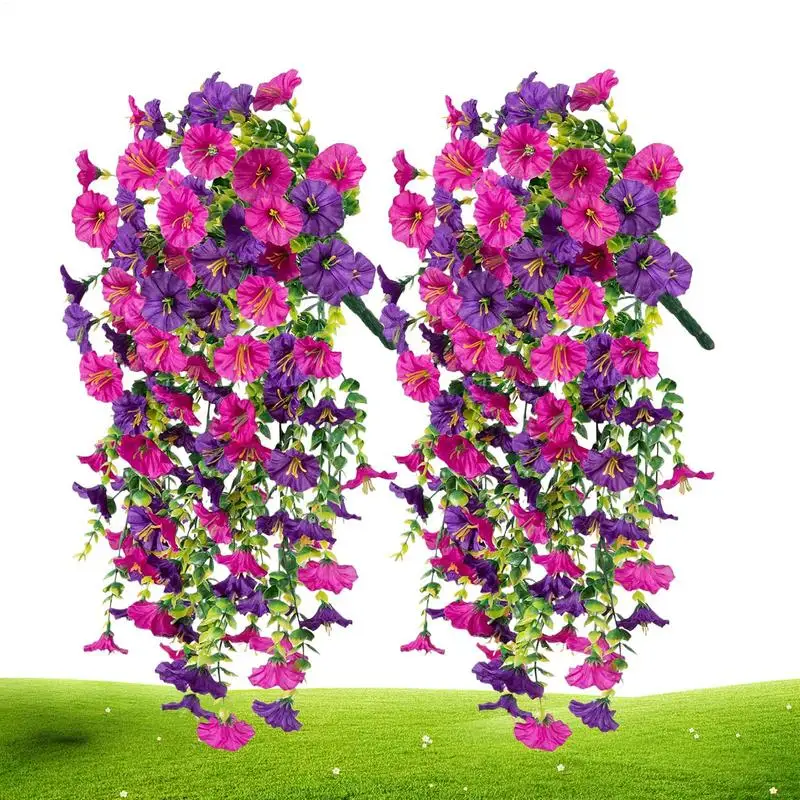 2 Stück künstliche hängende Blumen, künstliche Petunien, UV-beständig, gefälschte Blumen, simulierte Wandbehang, bunte Pflanzen für Garten, Veranda Image