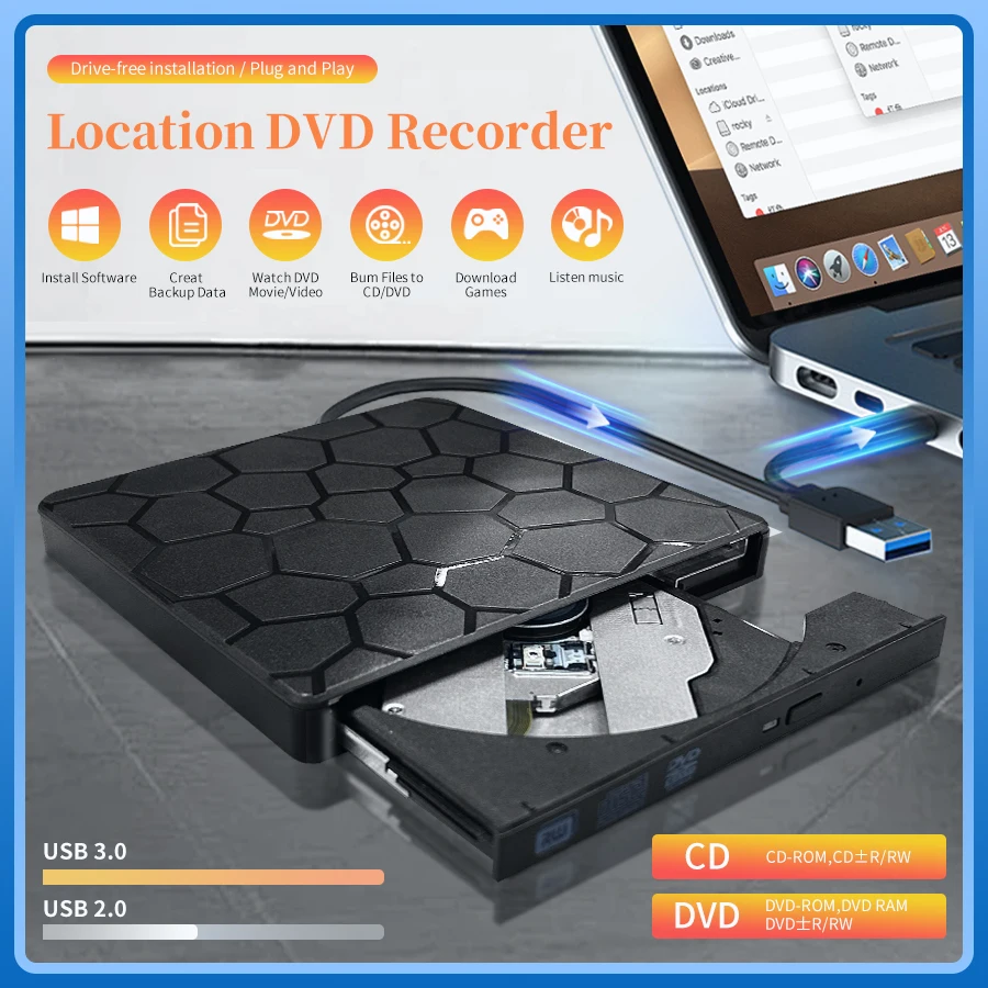 2-in-1 externes DVD-RW-Laufwerk, USB 3.0, Typ-C-Schnittstelle, schlankes DVD-CD-Brenner, Brenner, Leser, Player, optisches Laufwerk für Laptop, Notebook Image