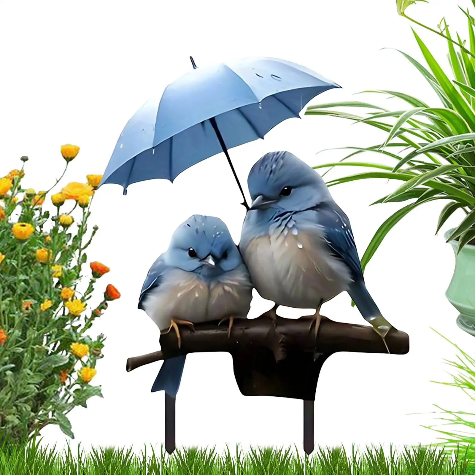 Gartenpfähle, dekorativer flacher 2D-Acryl-Einsatz, blauer Vogel mit Sonnenschirm, Gartenpfähle, skurriler Schild für Terrasse, Vorderhof Image