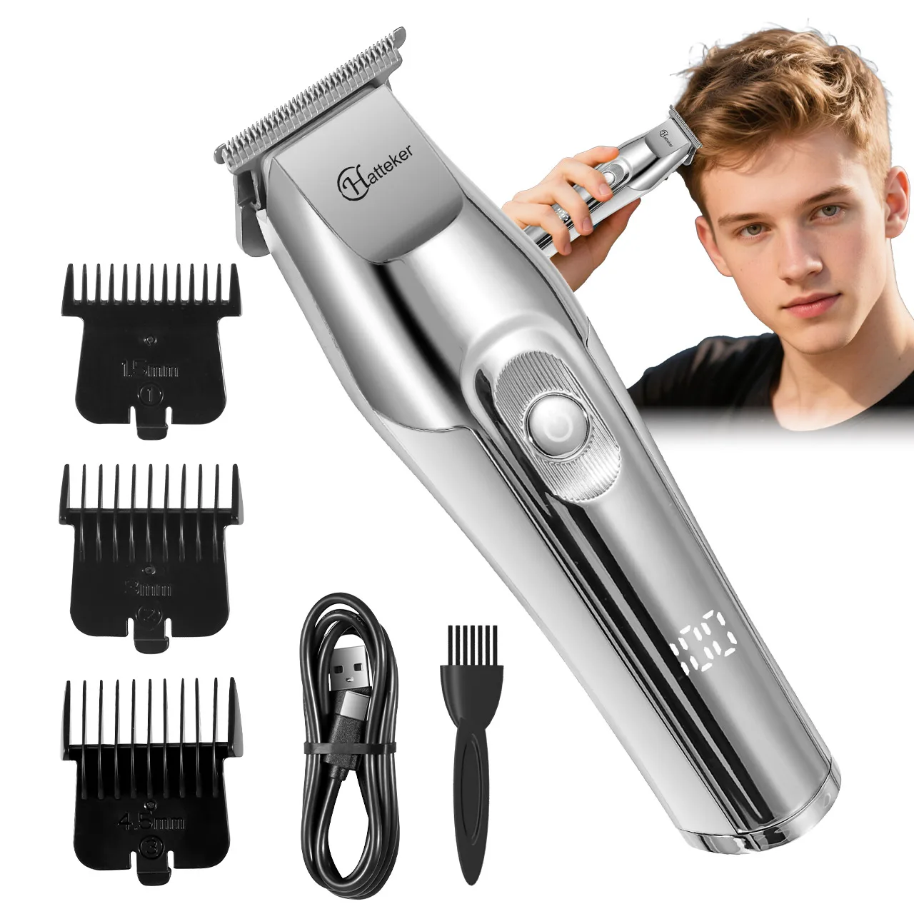 Hatteker Professioneller Haarschneider, Bartschneider für Männer, LED-Digital-Schnitzschneider, Nass-/Trockenrasierer, USB wiederaufladbar Image