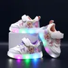 Disney Kinder-Freizeitschuhe, LED-Licht, Elsa-Prinzessin, gefrorenes PU-Leder, Frühlingsschuhe für Mädchen, rutschfeste rosa lila Schuhe, Größe 27–30