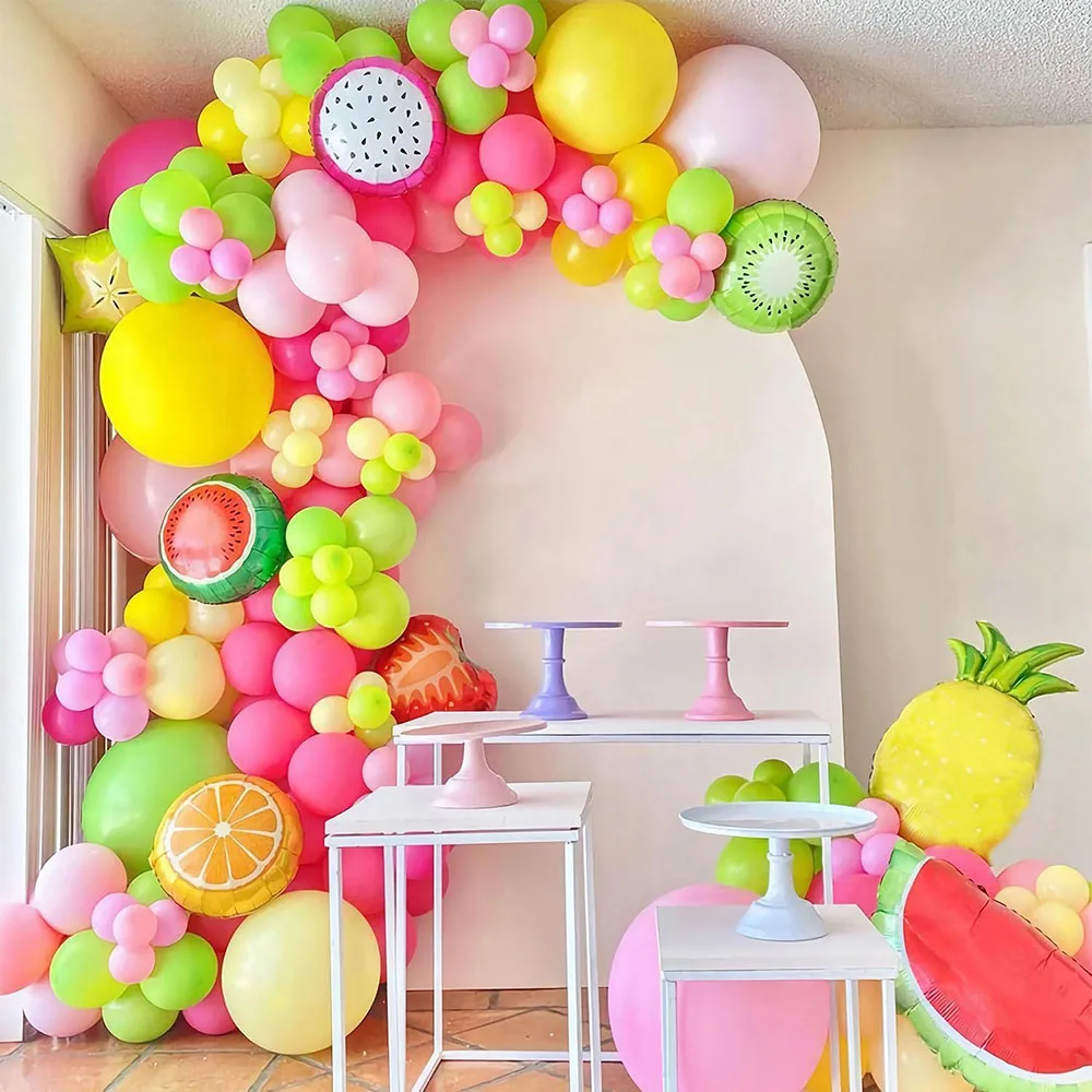 Ballonbogen-Set mit Fruchtmotiv, biologisch abbaubare Folienballons in Pfirsich/Zitrone/Mint für Geburtstags- und Sommer-Karnevalsdekoration Image