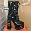 LAIGZEM Damen-Wadenstiefel mit Nieten und seitlichem Reißverschluss, dicke High-Heels-Stiefel, Punk-Gothic-Damenschuhe, große Größe 38 41 43 47 52