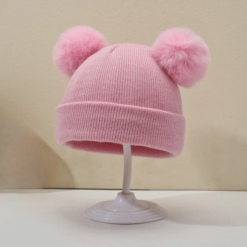 Herbst Winter Baby Warme Gestrickte Hüte mit Pom Kinder Stricken Beanie Hut Einfarbig Kinder Hut für Mädchen Zubehör Thermische Pullo Image