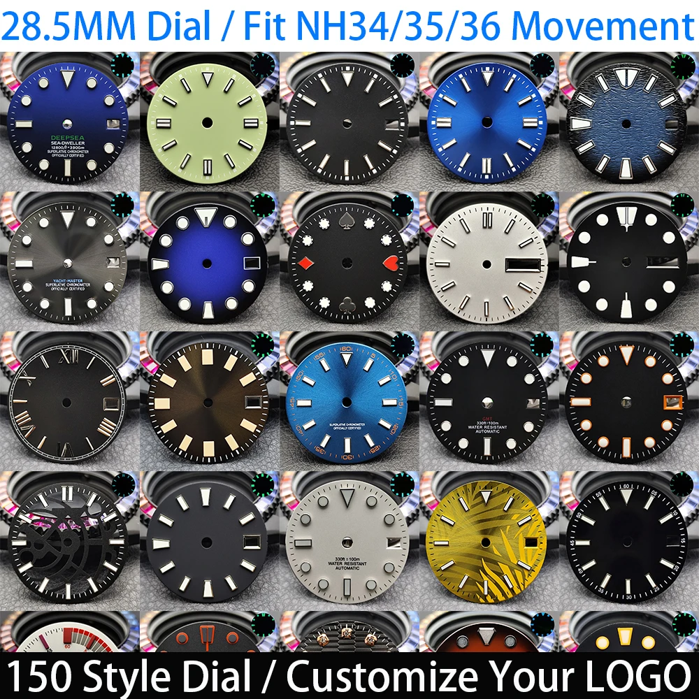 28,5 mm Zifferblatt, passend für N H35/NH36 Uhrwerk, grün-blaues Leuchtzifferblatt mit Einzel-/Doppelkalenderzifferblatt, Uhrenzubehör, DIY-Logo-Zifferblatt Image