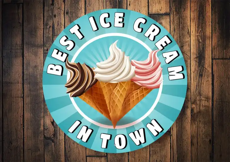 Schild „Best Ice Cream In Town“, Eiscreme-Dekor, Retro-Dekor, Retro-Schilder, Retro-Eiscreme-Schild, Retro-Geschenk – rundes Metallschild Image