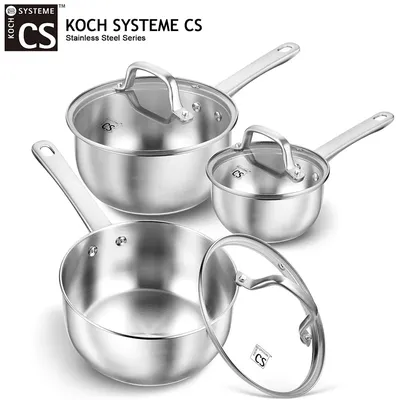 KOCH SYSTEME CS Stainless Steel Saucepan Set 1 & 2 & 3QT Milk Pot Stew Pot Set Induction Saucepans Uncoated Cooking Pot with Lid
