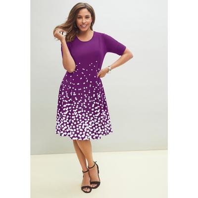 Plus Size Women's Stretch Ponte Flare Dress by Jessica London in Purple Dot Border (Size 36)