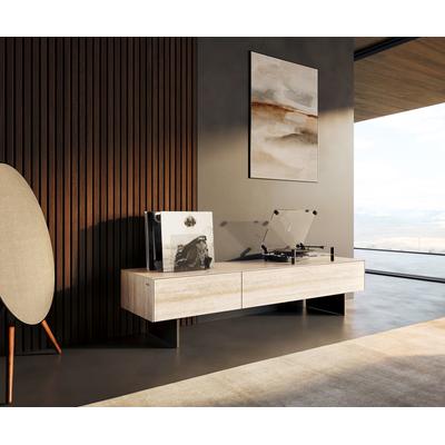 DELIFE Lowboard Cuor 150 cm Keramik Laminam® Travertino Bianco Creme-Weiß 1 Klappe 1 Schubfach Fuß Schwebeoptik Metall Schwarz, Lowboards Image