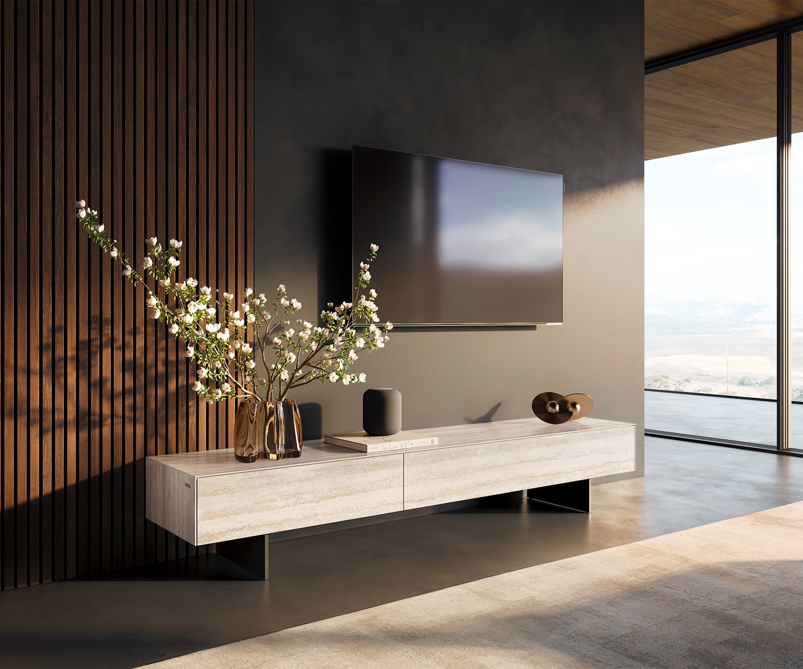 DELIFE Lowboard Cuor 200 cm Keramik Laminam® Travertino Bianco Creme-Weiß 1 Klappe 1 Schubfach Fuß Schwebeoptik Metall Schwarz, Lowboards Image