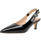 RIBONGZ Women Slingback Low Kitten Heel Shoes Closed Pointed Toe Dress Pumps Slip on Patent Leather Comfort Heels Braided Bowknot Work Wedding Shoes, Black Patent, 8 UK
