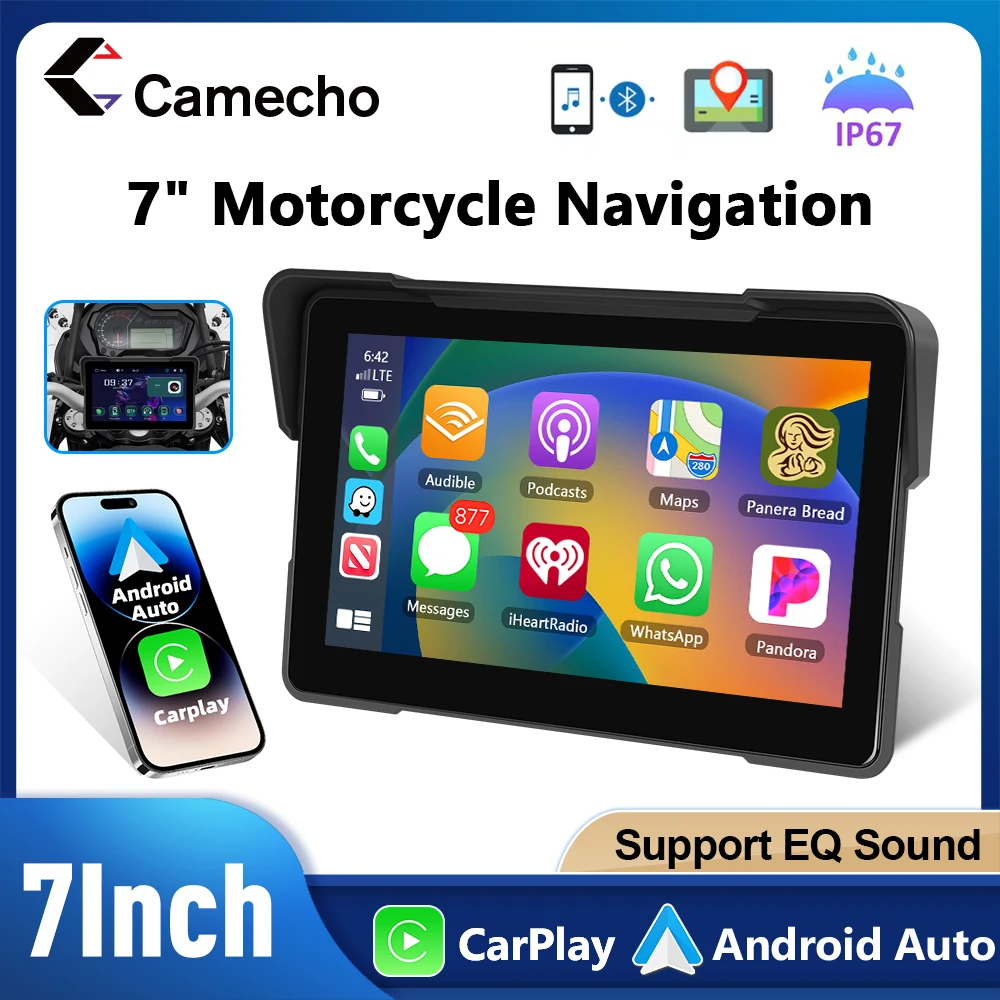 Camecho 7-Zoll-tragbarer Moto-Monitor Carplay IP67 Wasserdichtes LCD-Display Drahtloses CarPlay Android Auto für Motorrad