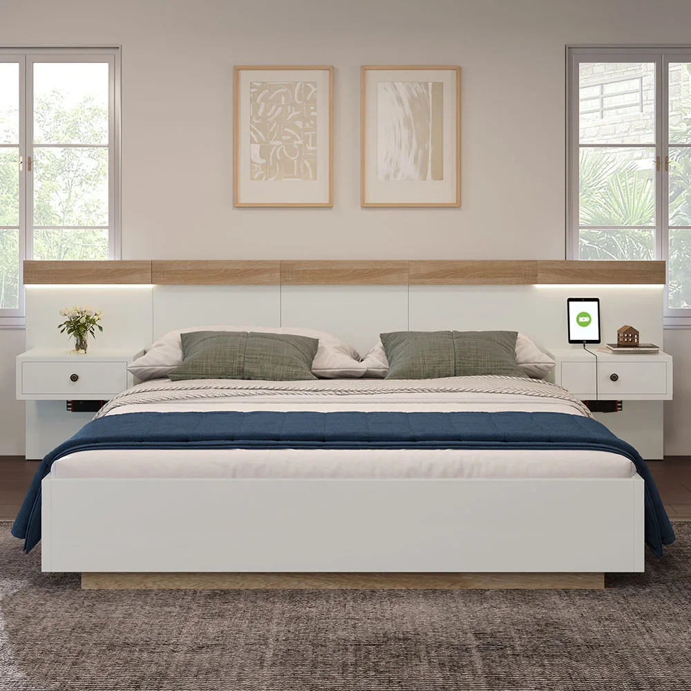 KOMHTOM Doppelbett-Bettkasten mit 2 LED-Nachtkommoden & USB-C-Steckdose, 180 x 200 cm Holzbett inkl (ohne Matratze) Image