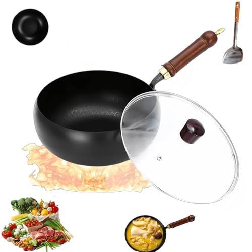 Uncoated Thick Iron Pot, Suntuup Japanese Iron Pan, hand-forged non-stick pan, big belly uncoated non-stick pot, Triple Stainless Steel, Large Capacity & Deep (M-24cm,Smooth-Glass Cover)