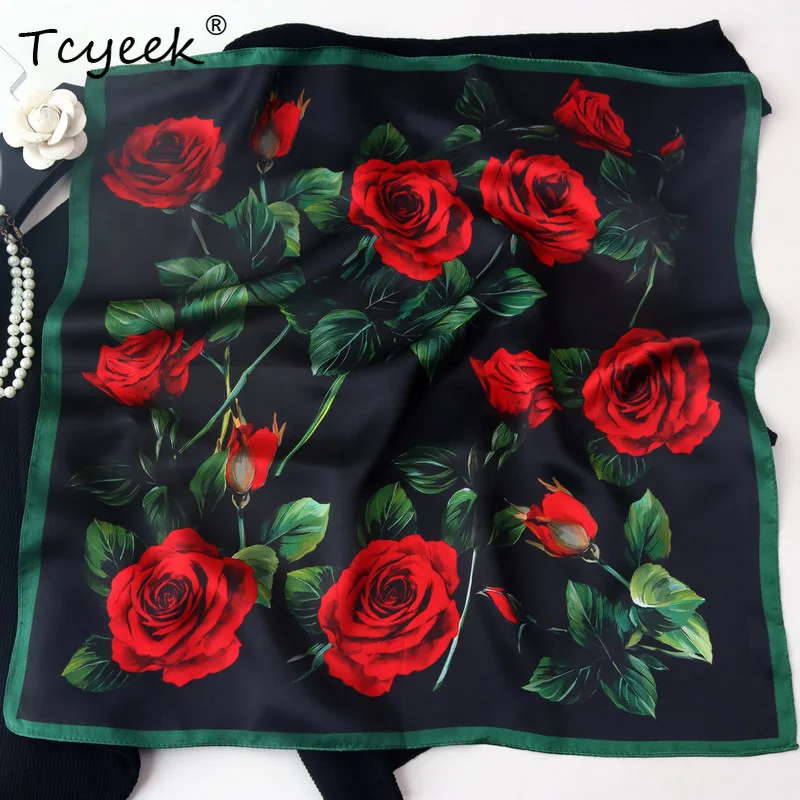 Tcyeek 50 * 50 cm 100 % echte Seide Rote Rose Schal Mama Geschenk Elegante Kopftücher Taschentuch Quadratischer Schal 2024 Frühjahr Neu A3D839QC Image
