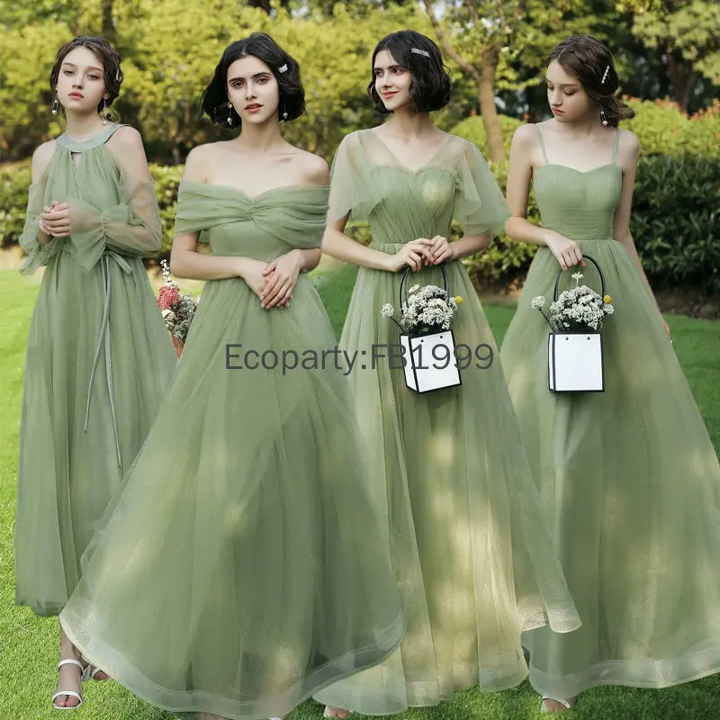 4-teiliges elegantes Brautjungfernkleid für Frauen, grün, bodenlang, schulterfrei, A-Linie, weiblich, süßer Tüll, Hochzeit, Vestidos