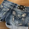 Y2k 2000er Jahre Gothic Damen Denim Shorts Hip Hop Tasche Kurzer Rock Stickerei Retro Blau Baggy Shorts Niedrige Taille Slim Fit Minirock