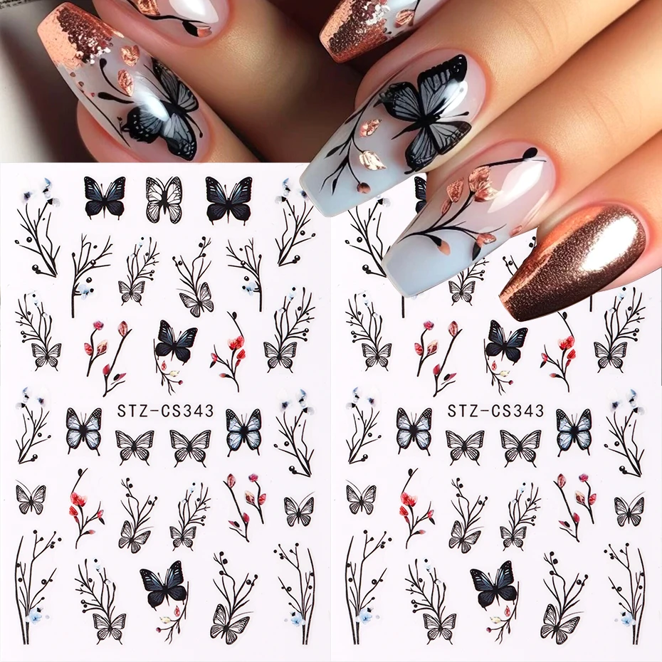 2 Stück schwarze Schmetterling Blume Blatt Nail Art Aufkleber dunkle Gothic Schmetterling Nagel Charms Blumen Abziehbilder selbstklebende Sliders DIY Maniküre Image