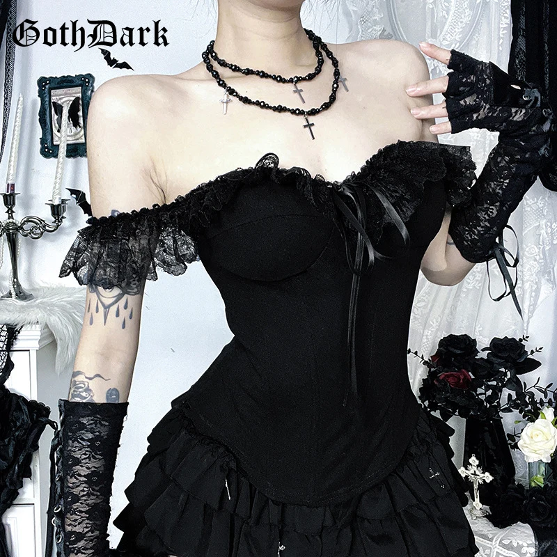 Goth Dark Streetwear Hot Sweet Lace Patchwork Straps Korsett Tops Mall Gothic Lace-up Zip Skinny Tank Top für Frauen Y2K Blusen Image