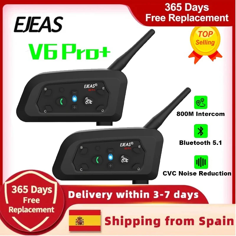 EJEAS V6 PRO+ Motorradhelm-Gegensprechanlage, Bluetooth-Headset mit 800 m BT-Gegensprechanlage, Kommunikator, 6 Fahrer, wasserdichter Musik-Player Image