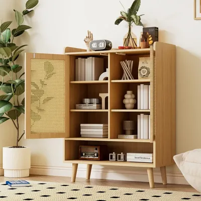 Natural Rattan Shoe Cabinet, shoe rack with 2 doors and 5 shelf floors, for the hallway. With wooden handles and solid wood legs