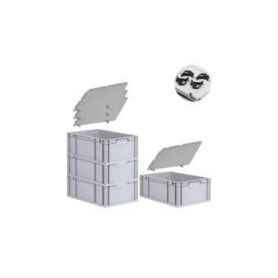 PROREGAL SuperSparSet 4x Eurobox NextGen Economy mit Auflagedeckel & 4x Verschlüsse Schwarz, Griffe zu, HxBxT 22x40x60cm, 44L, Eurobehälter Image