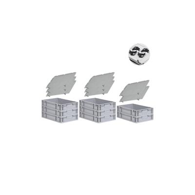 PROREGAL SuperSparSet 8x Eurobox NextGen Economy mit Auflagedeckel & 4x Verschlüsse Schwarz, Griffe zu, HxBxT 12x40x60cm, 23L, Eurobehälter Image