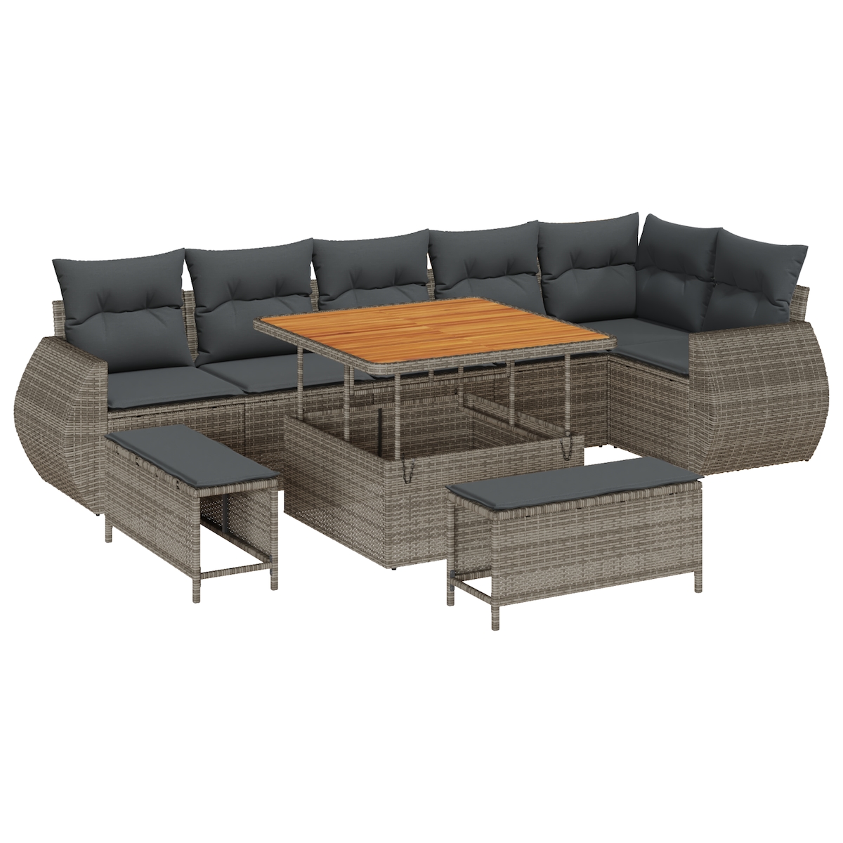 vidaXL 9-teiliges Garten-Sofa-Set mit Kissen in Grau aus Poly Rattan und Akazie Image