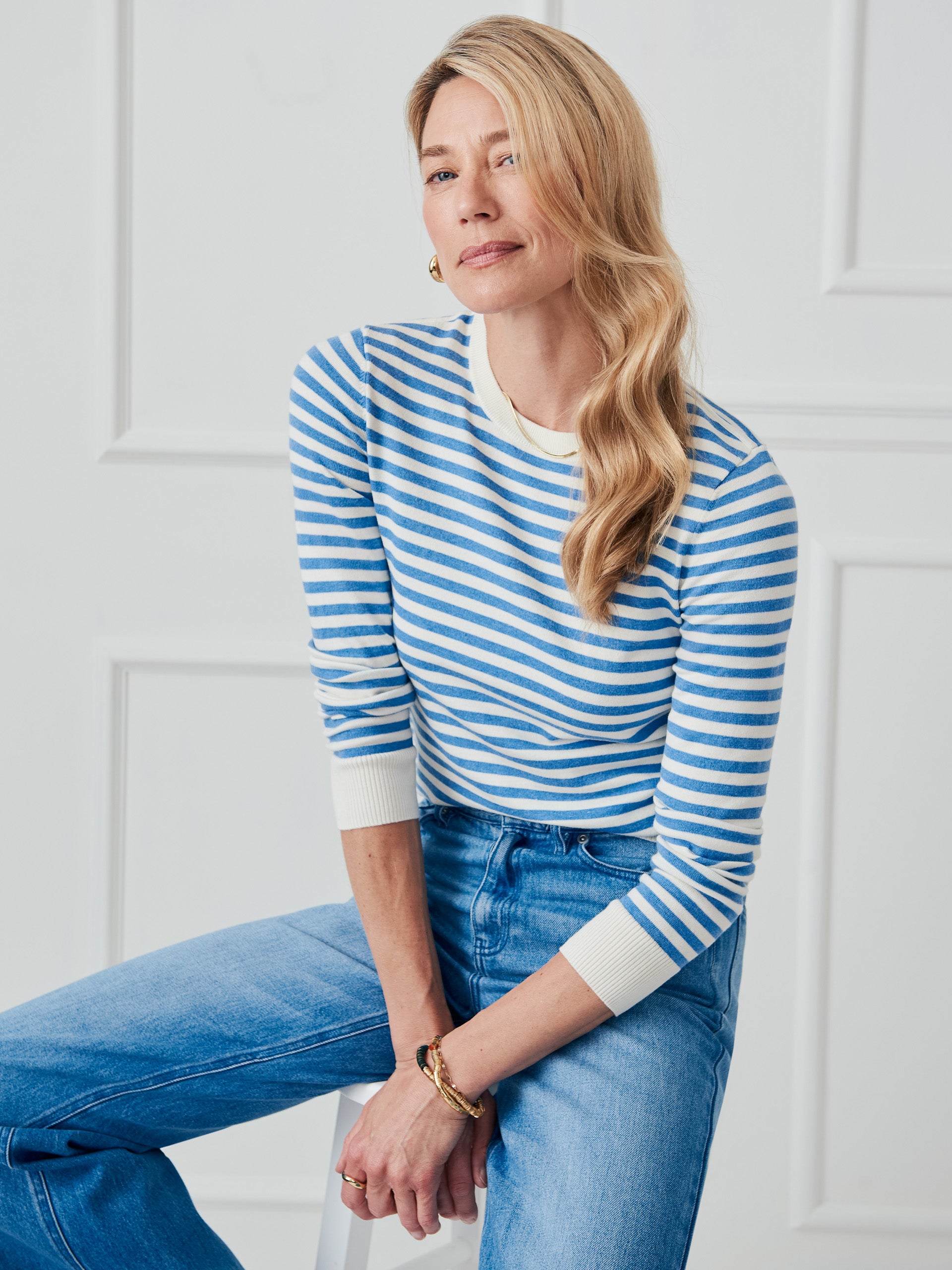 J.McLaughlin Women's Tierney Sweater in Stripe Off White/Chambray, Size XL | Cotton/Spandex