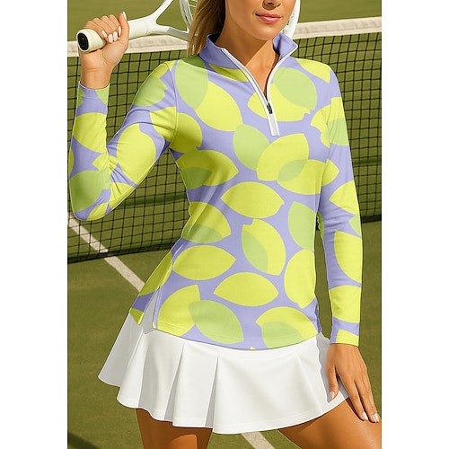 Damen Geometrisch Bäume / Blätter Sporthemd Golf-Poloshirt Tennis Shirt Tennis-T-Shirt Langarm Reißverschluss Blumen UPF50 UV-beständig Hohe Elastizität Feuchtigkeitsableitend Atmungsaktiv Tennis Image