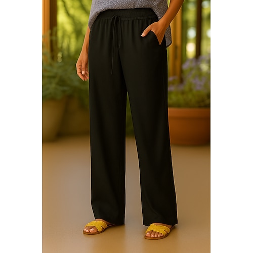 Damen Hose aus Baumwollleinen Hose Sommerhose Baggy-Hosen Urlaub Mode Basic Volle Länge Hohe Taille Einfach Kordelzug Weites Bein Komfort Außenbereich Dehnbar Täglich Strand Ferien Schwarz Khaki Beige Image