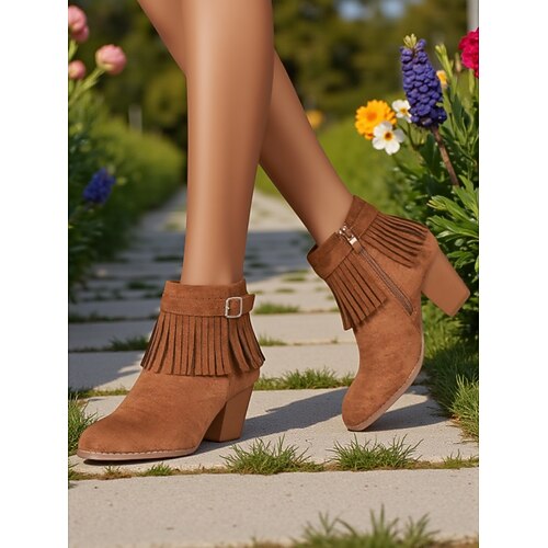 Damen-Stiefeletten aus Wildlederimitat mit Fransen und Blockabsatz – Western-Style für Gartenpartys, Bauernfeste und die herbstliche Freizeit Image