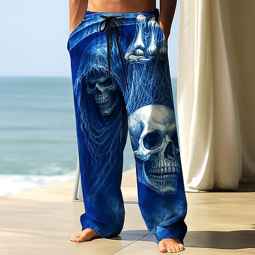 Herren Hosen Baggy Pants Freizeitpants Elastischer Kordelzug Taille Leinenartige Hose mit Taschen Totenkopf Skelett Kostüme Vollständig Länge Outdoor Urlaub Dunkler Gothik Stil Schwarz Blau Image