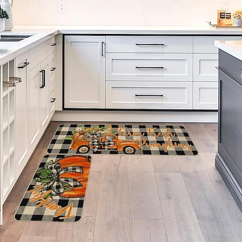 Herbstliches Kürbis-Leinenmatten-Set - saugfähige, ölbeständige Küchen- und Eingangstürmatten, 2-teiliges Set für Thanksgiving Image